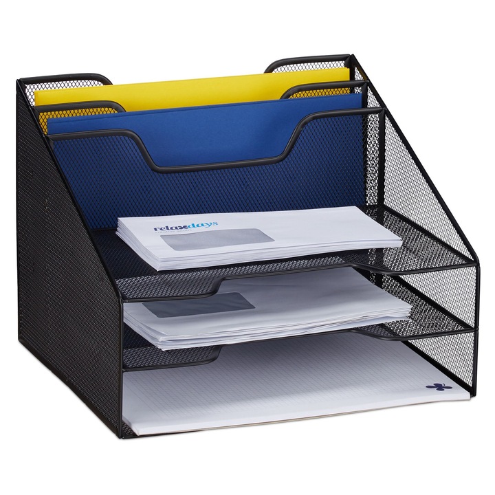 Organizator birou Relaxdays, metal, 5 compartimente, negru, 24x32x29cm
