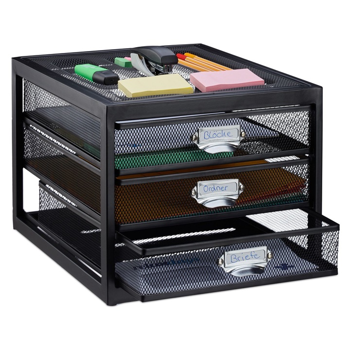 Organizator birou Relaxdays, 3 compartimente, otel, Negru, 23x27.5x35cm
