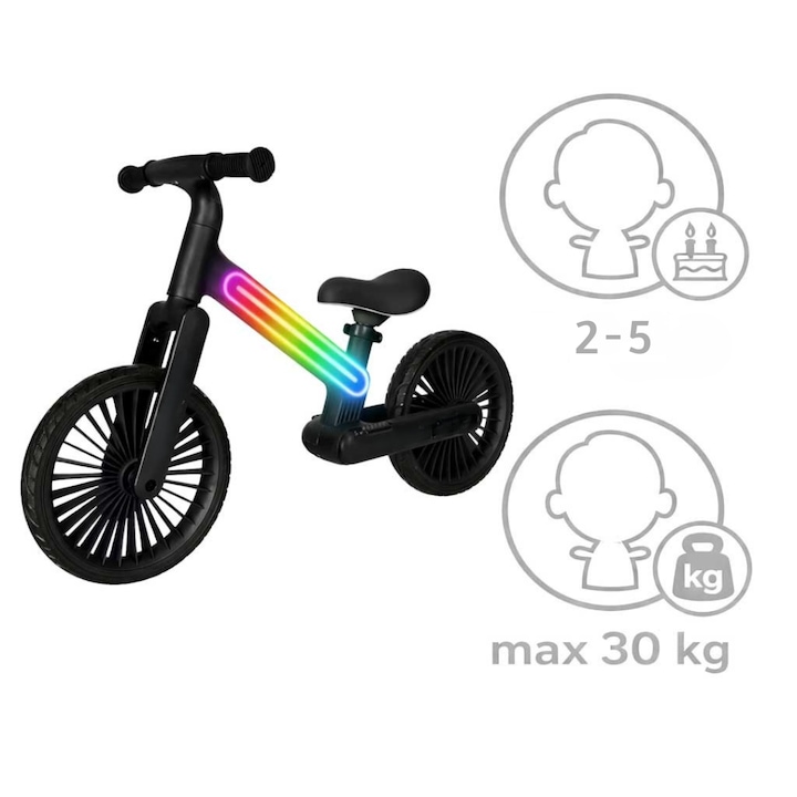 Детски велосипед за баланс - NeoGlow Balance Bike Indiggo@, RGB LED осветление 20 режима, Устойчиви EVA колела 12 инча, Регулируема седалка, Лека рамка 3.6 кг, 2+ години, Black