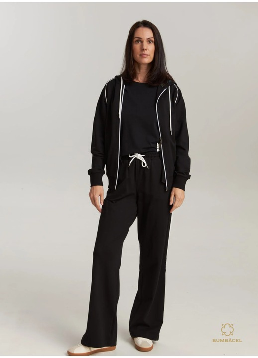 Trening cu pantaloni lungi, gluga si fermoar, din bumbac, pentru dame, Negru