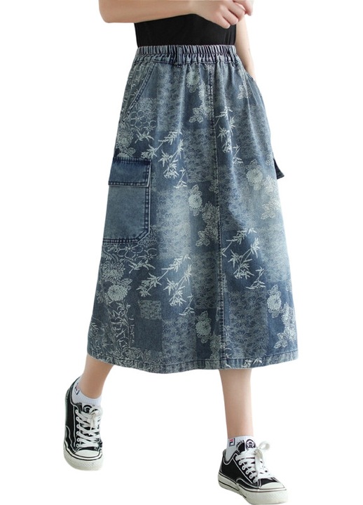 Fusta de lungime midi, talie elastica, albastru deschis, denim