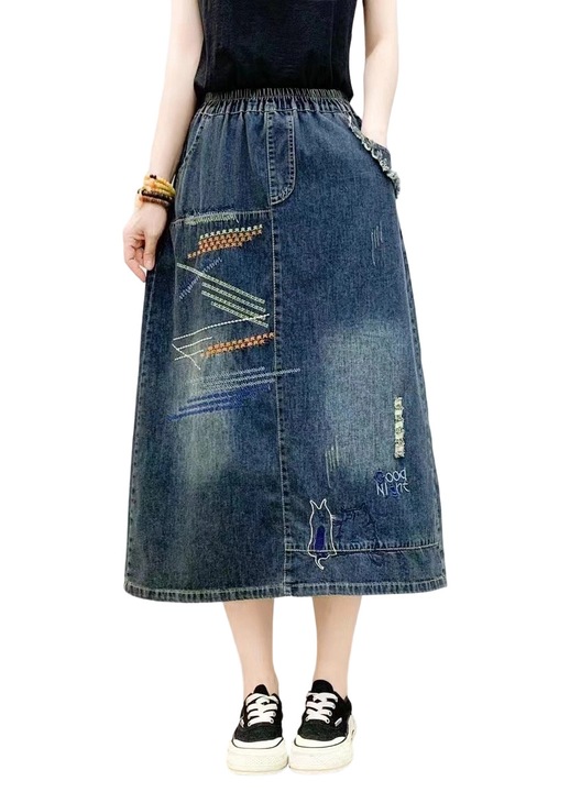 Fusta, midi, talie elastica, albastru denim - 32187, Albastru