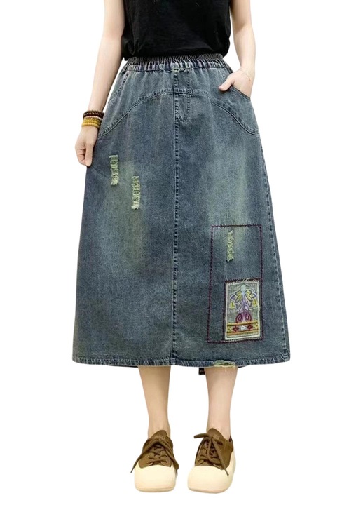 Fusta midi albastru, denim, talie elastica - 398754, Albastru