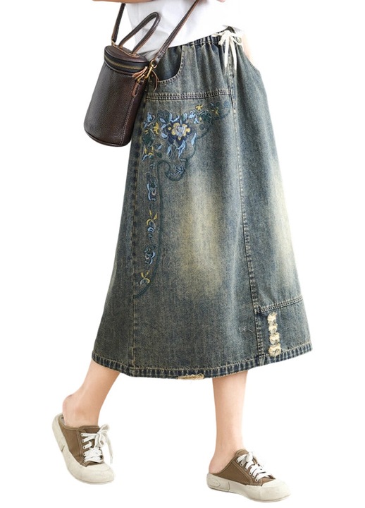 Rochie midi A11, albastru, din denim, talie elastica