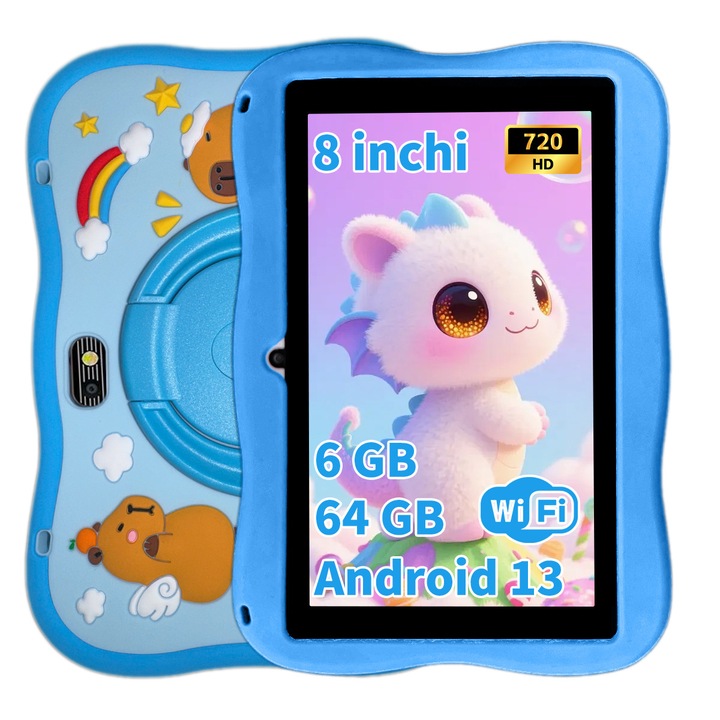 Tableta pentru copii, Ginawe，de 8 inch, Android 13, 3-12 ani, 6GB RAM, 64GB ROM, (extensibila la 128GB), WiFi, Software pentru copii preinstalat, albastru, include husa de protectie
