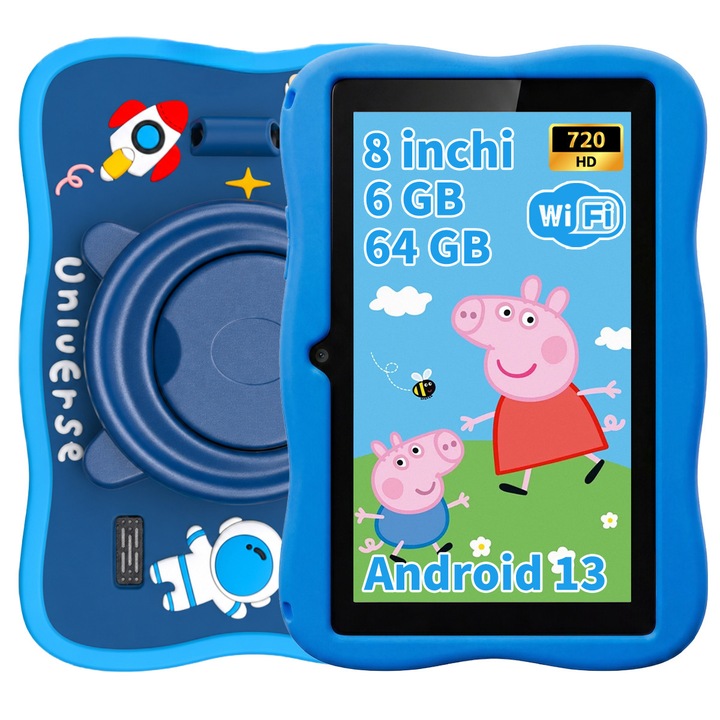 Tableta pentru copii, Ginawe，de 8 inch, Android 13, 3-12 ani, 6GB RAM, 64GB ROM, (extensibila la 128GB), WiFi, Software pentru copii preinstalat, albastru, include husa de protectie
