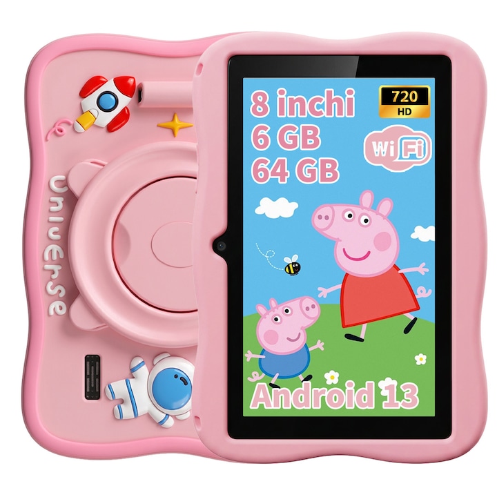 Tableta pentru copii, Ginawe，de 8 inch, Android 13, 3-12 ani, 6GB RAM, 64GB ROM, (extensibila la 128GB), WiFi, Software pentru copii preinstalat, Roz, include husa de protectie