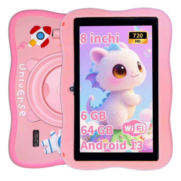 Tableta pentru copii, Ginawe，de 8 inch, Android 13, 3-12 ani, 6GB RAM, 64GB ROM, (extensibila la 128GB), WiFi, Software pentru copii preinstalat, Roz, include husa de protectie
