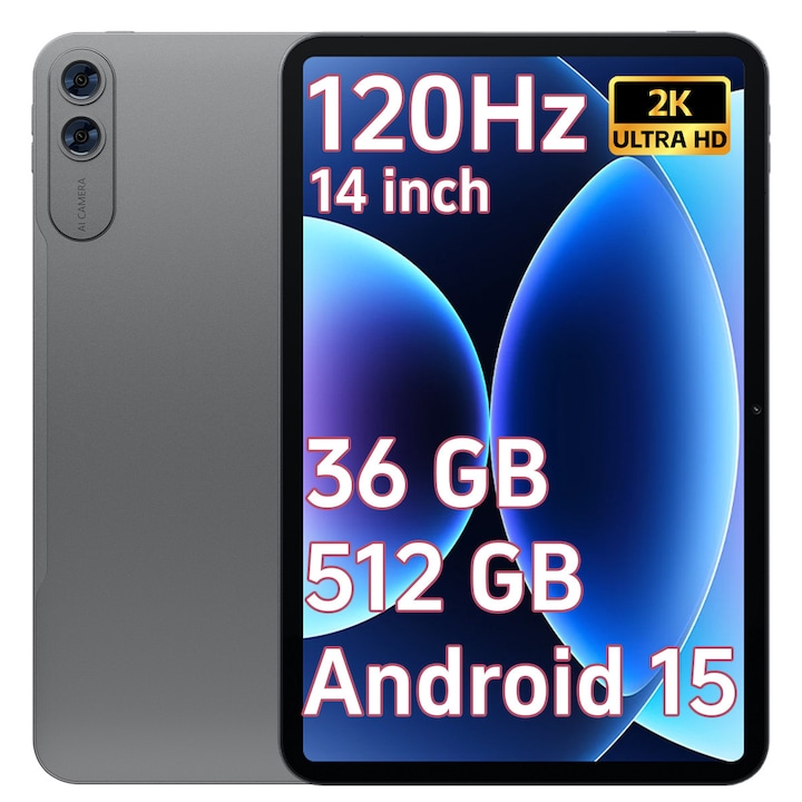 Таблет 14" Octa-Core, Ginawe, 512GB ROM, 36(12+24)GB RAM, Android 15.0, 5GHz WIFI, 1920*1200 2K FHD, 12000mAh, 16MP+8MP, Сив