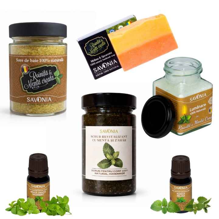 Savonia testápoló szett - Citromfű és Fodormenta, 350g bőrradír, 90g szappan, fürdősó, 200g gyertya, 10ml illóolaj