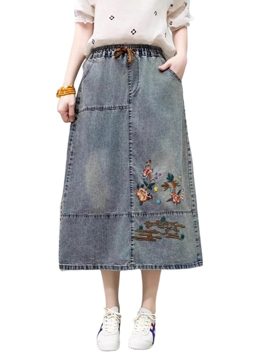 Fusta midi din denim, talie elastica, Albastru