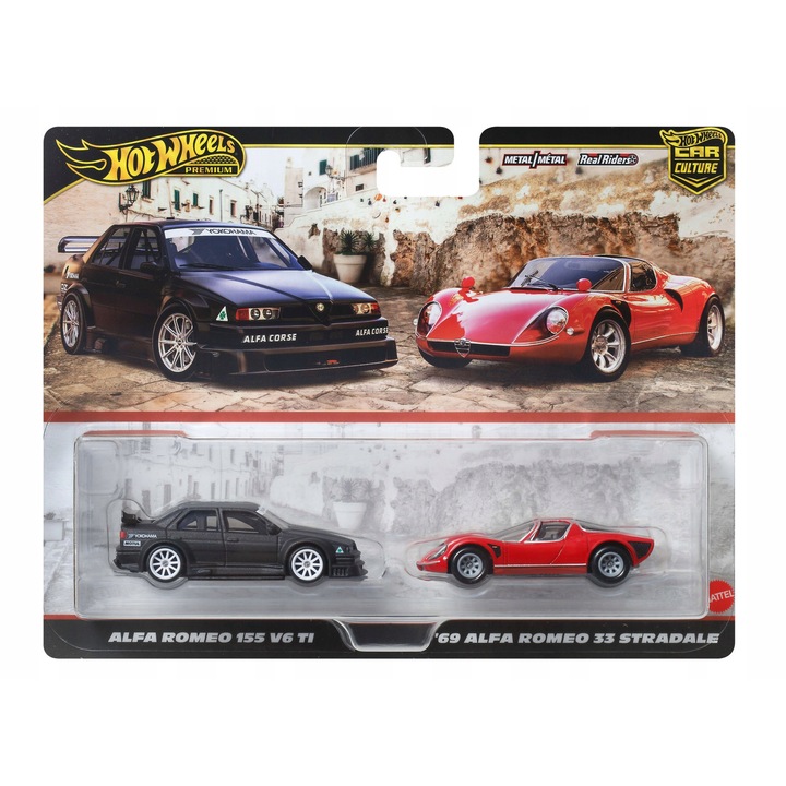 Set mașinuțe Hot Wheels Premium Culture, Alfa Romeo 155 V6 TI '69 și Alfa Romeo 33, 1:64, metal, 3 ani