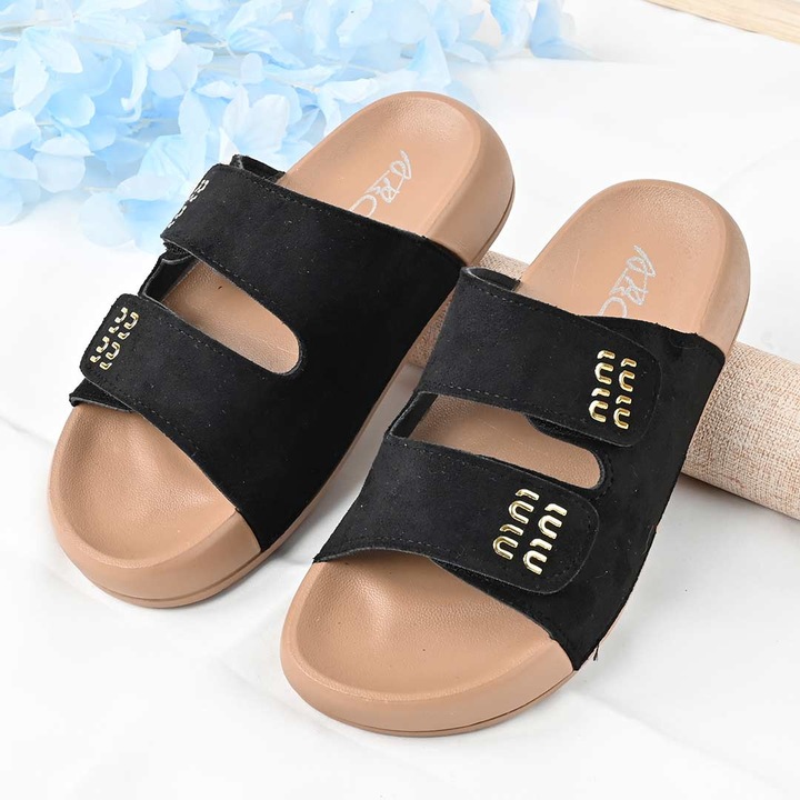 Papuci Casual De Dama, Din piele intoarsa ecologica, PD1093, Negru 38