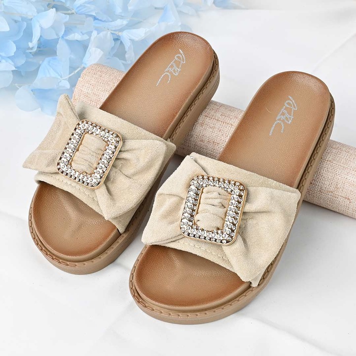 Papuci Casual De Dama, Din piele intoarsa ecologica, PD1091, Bej, 38