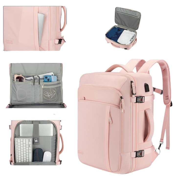 Многофункционална раница, розова, 36-55L, водоустойчива, 33x21x52cm, включени органайзери за багаж и чанта за обувки