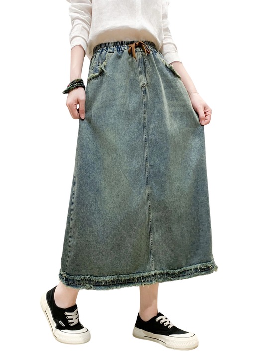 Fusta midi albastru, din denim, talie elastica, Albastru