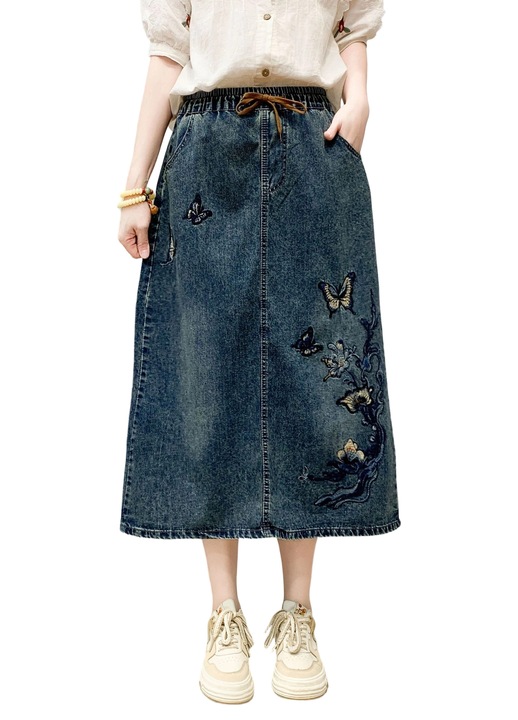 Fusta, midi, talie elastica, albastru denim - 38774, Albastru