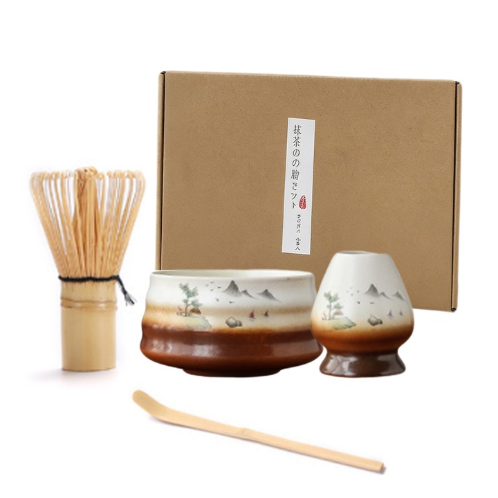 Matcha FooFoony készlet, 4 részes Matcha kiegészítő szett, Kerámia tál, Bambusz habverő (Chasen), Kanál (Chashaku), Tartó (barna), Japán Matcha készlet Matcha szerelmeseinek