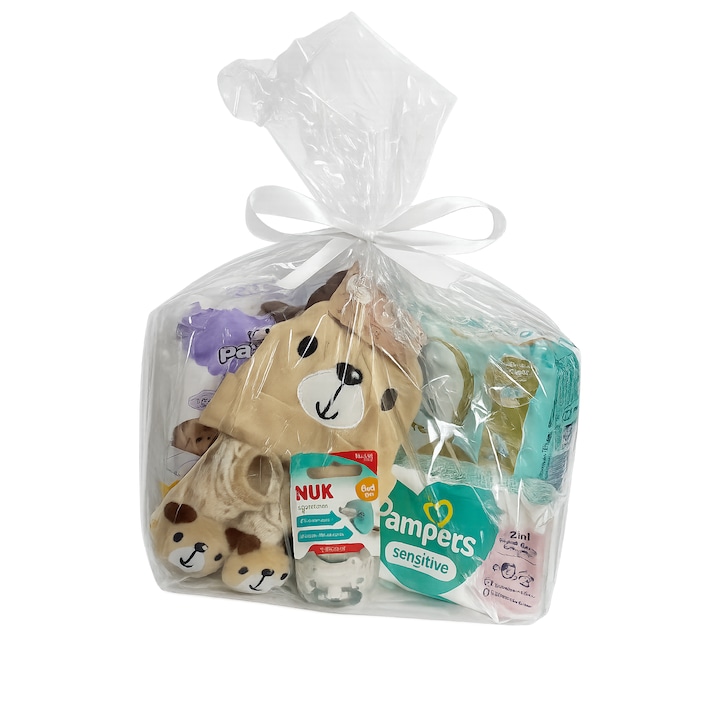 Újszülött ajándékszett 6 darabos, Pampers Premium Care, 2-5 kg, NUK cumi, nedves törlőkendő, 60x60 cm-es alátét, sapka és zokni 56-68