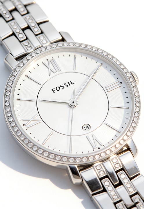 Fossil Ceas de femei cu quartz, cu cadru argint, bratara cu pietre incrustate, marcaje romane ES3545