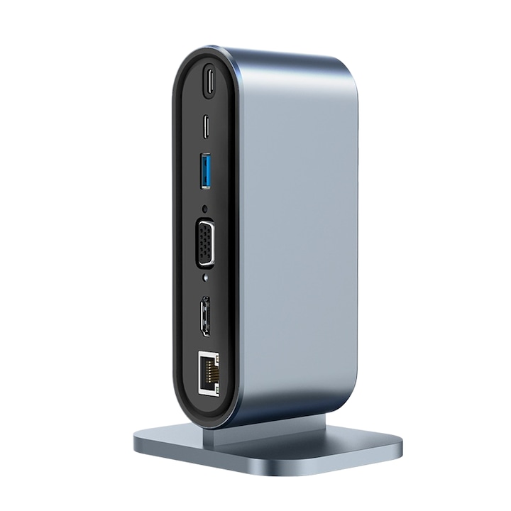 Dock vertical, 12-in-1, HDMI-4K/60 Hz, VGA/RJ-45/4xUSB 3.0/USB-C/3, 5 mm/TF/SD/PD 100 W, compatibilitate extinsa, plug-and-play, gri