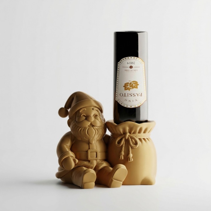 Празнична поставка за бутилка вино с Дядо Коледа, златна, PLA пластмаса, 16 см