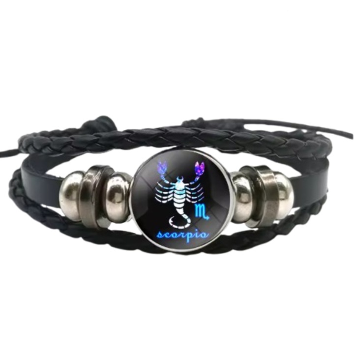 Bratara din piele eco cu simbol zodiacal, Scorpion, CRT, Reglabila, Simbol detasabil, Fosforescenta, Neagra