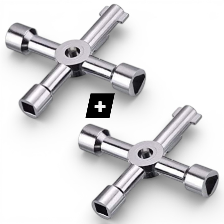 Set 2 Chei Multifunctionale Transversale 4 Capete, Triunghiulara, Circulara, Patrata Mica, Patrata Mare, Aliaj Zinc, 72x72 mm, Universale pentru Tablouri Electrice si Cutii Utilitati