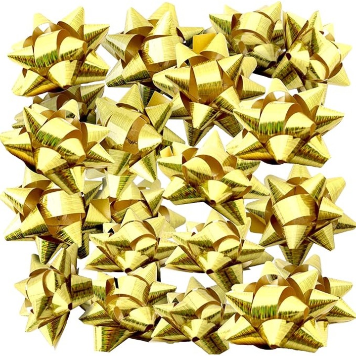 Set de funde, stele, decoratiuni pentru cadouri, Craciun, ziua de nastere, petrecere, nunta, ambalaj, autoadezive, autocolante stralucitoare auriu, 6 buc., 9 cm