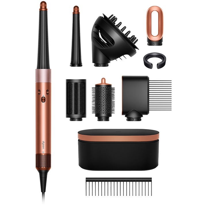 Ondulator multistyler Dyson HS08 Airwrap i.d.™, cu difuzor, conexiune Bluetooth®, 3 trepte de viteza, 3 trepte de temperatura, Amber silk / Pink champagne