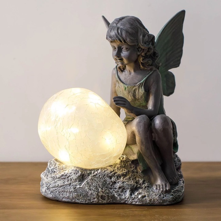 Lampa Solara Gradina Zana Ceramica Shopiens Decor Exterior Lumina LED Ou Luminos Figurina Gradina Terasa Curte 17.7x13.2x22cm