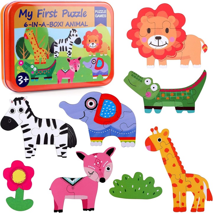 Puzzle educativ pentru copii, Animalele din jungla, set cu cutie, 17x12x3 cm