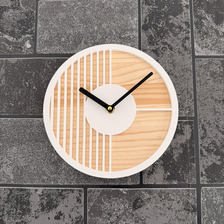 Ceas decorativ de perete, Mecanism SILENTIOS, DECORADI®, Diametru 21 cm, Cadran din LEMN NATURAL, Eco-friendly, Design Modern, Alb, Printat 3D din PLA ECO(plastic biodegradabil)