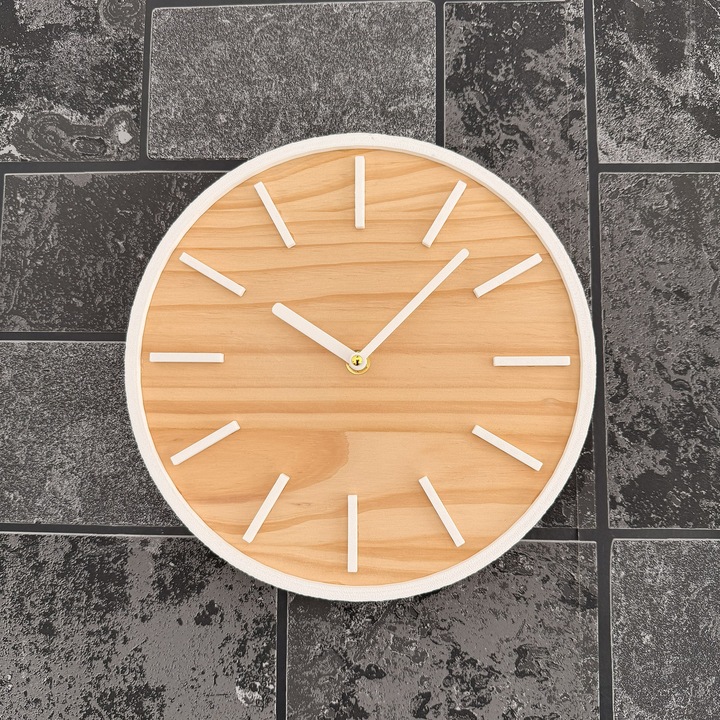 Ceas decorativ de perete, Mecanism SILENTIOS, DECORADI®, Diametru 26 cm, Cadran din LEMN NATURAL, Eco-friendly, Design Modern, Alb, Printat 3D din PLA ECO(plastic biodegradabil)