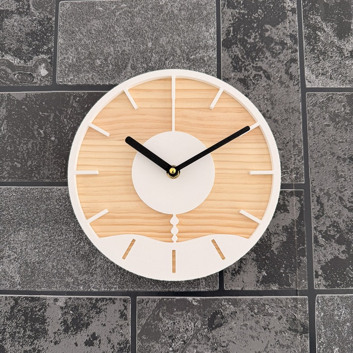 Ceas decorativ de perete, Mecanism SILENTIOS, DECORADI®, Diametru 21 cm, Cadran din LEMN NATURAL, Eco-friendly, Design Modern, Alb, Printat 3D din PLA ECO(plastic biodegradabil)
