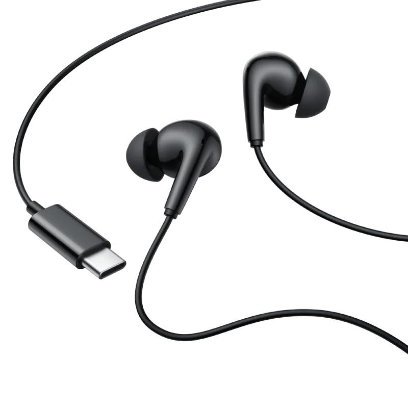 Casti Edifier, cu fir, intraauriculare – butoni, microfon pe fir, conectare prin USB-C, buton in-line, negru