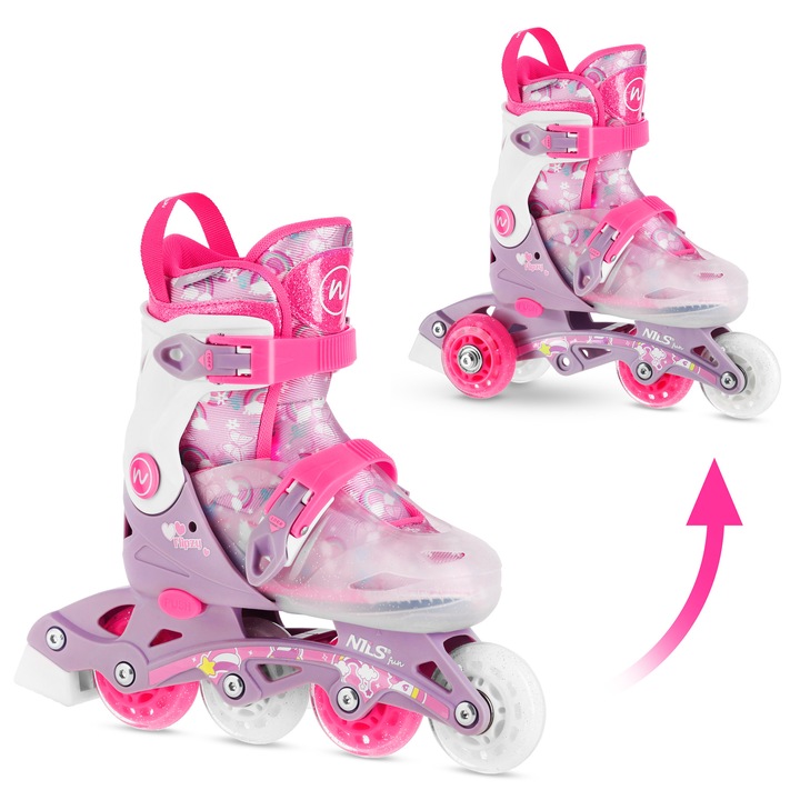 Patine cu roți Nils Extreme Flipzy, roz și mov, reglabil, 27-30