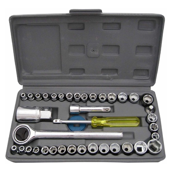 Trusa Chei Tubulare 40 Piese Super Trends®, Include Adaptori si Clichet, Argintiu