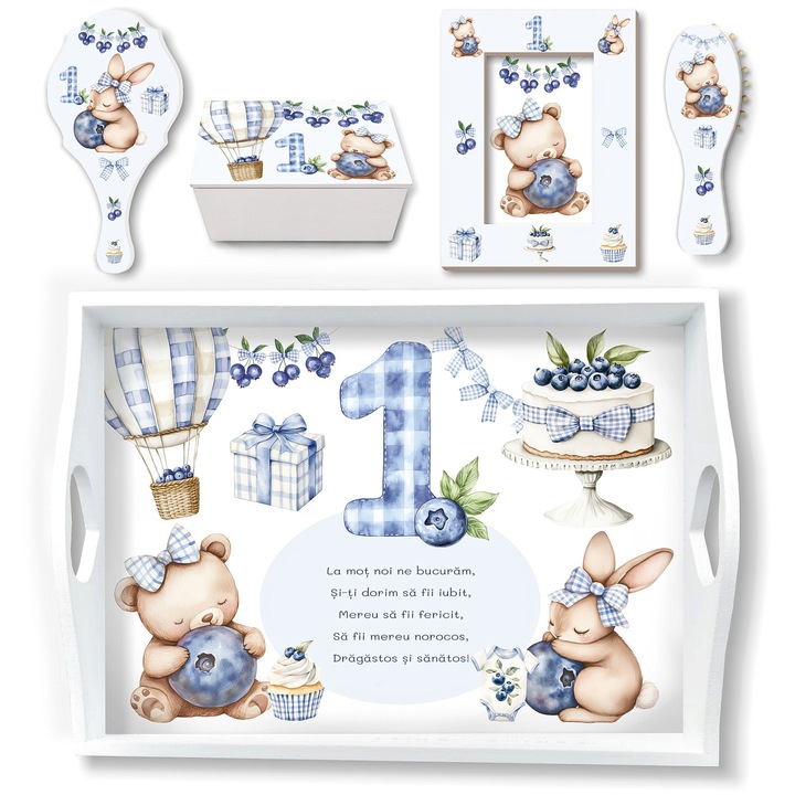 Set taierea motului pentru baieti Blueberry First Birthday, tavita mot prima aniversare