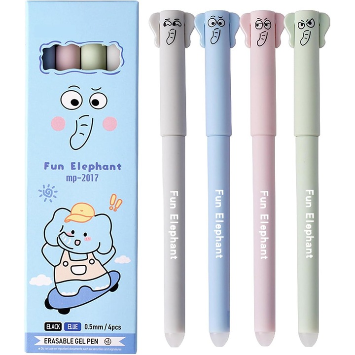 4 db elefántos tollkészlet, 0,5 mm-es hegy, kék tinta, kreatív ajándék, iskolai kiegészítők, többszínű