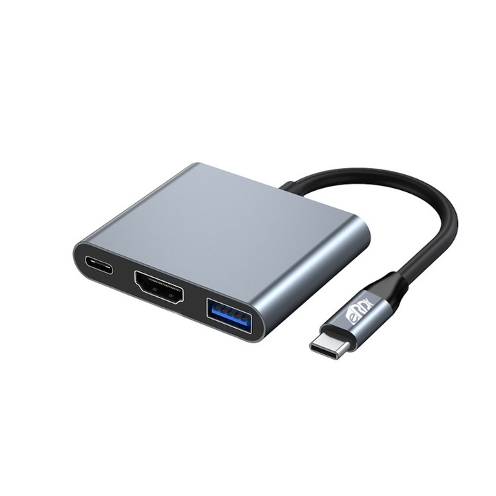 Adaptor USB-C la HDMI eRDX® - 4K, USB 3.0 5Gbps, Power Delivery 100W, Hub USB-C 3-in-1, Compatibil MacBook / Laptop / Windows