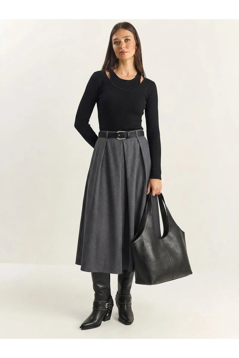 Fusta midi Bianco Lucci, talie inalta, curea, gri, textil