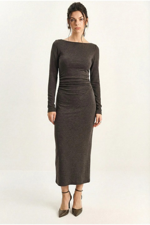 Rochie bodycon midi dama, Bianco Lucci, decolteu barca, detalii drapate, maro, jerseu