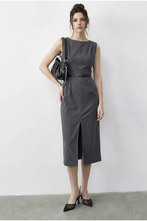 Rochie creion midi dama, Bianco Lucci, cu centura, decolteu barca, textil, gri