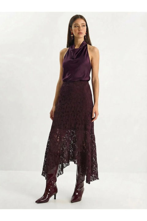 Fusta midi Bianco Lucci A-line, mov ametist, dantela, poliester/elastan