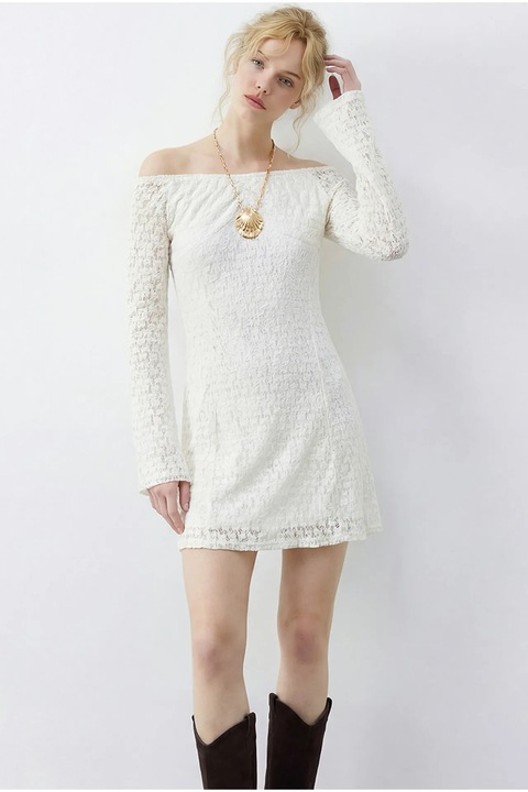 Rochie mini dama, Bianco Lucci, dantela, umeri goi, poliester/elastan, alb