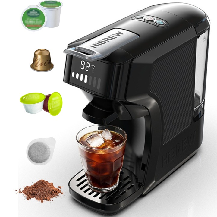 Espressor cu capsule 6in1 HiBREW H1C, Espresso multiplu cald/rece, 20 bar, 1450W, 600ml, Thermoblock, Compatibil cu capsule Nespresso, Dolce Gusto, KCup, ceai, plicurile ESE si cafea macinata, Negru