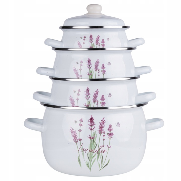 Set cratite emalioate cu capac, 4 bucati, alb cu motive de lavanda, 1,5l, 2,5l, 3,5l, 5l