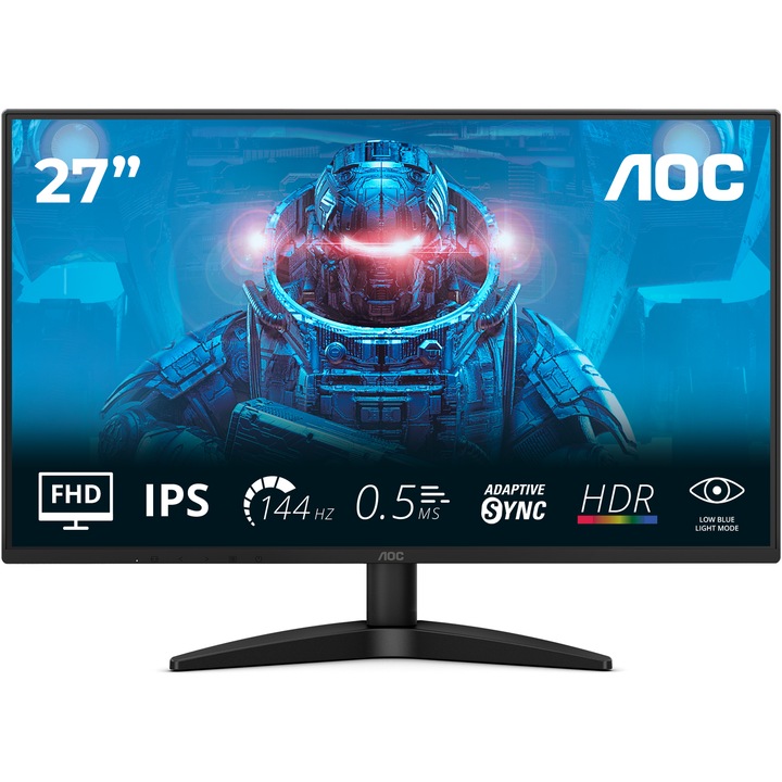 Монитор за игри AOC, 27B36X, 27", Full HD (1920 x 1080), IPS, 0.5MS, 144Hz, Flicker‑Free, AdaptiveSync, HDR10, HDMI, DisplayPort, VESA, Черен