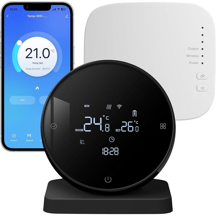 Termostat Wireless pentru Centrale Termice si Incalzire Pardoseala, Rqiurpn, Wi-Fi, Control din aplicatia Tuya Smart Life, Alexa, Google Home, set complet, Alimentare prin USB C, negru